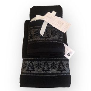 34th & Pine Black Gold Glitz Towel Set 2 Hand 1 Bath Towel Trees Snowflakes NWT